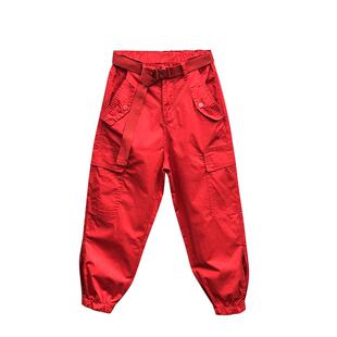 25春新款大红色休闲个性九分工装裤女松紧高腰宽松薄款束脚哈伦裤
