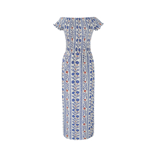 SYT自制 法式休闲度假风青花瓷修身显瘦不勒一字肩碎花连衣裙女