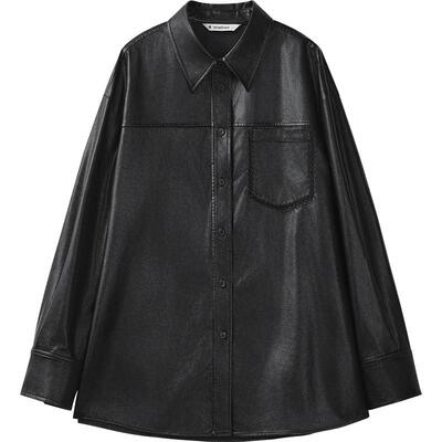 【播奥莱】播商场同款春秋黑色机车衬衫女皮衣外套BDR3CD1703