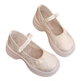 国风刺绣小白鞋一字扣带淡雅绣花鞋厚底增高茶艺旗袍鞋子传统布鞋