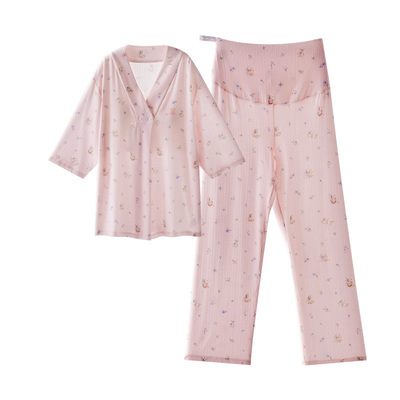 嫚熙深睡衣孕妇睡衣超柔丝麻月子服孕妇产妇夏季薄款家居服套装