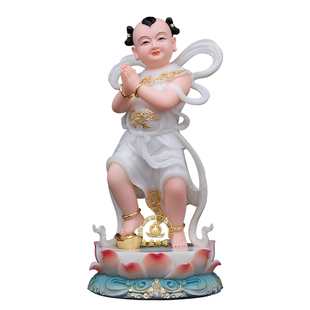 金童玉女摆件汉白玉树脂送财童子观世音菩萨左右童男童女供奉佛像