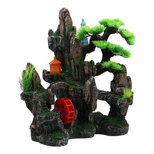 鱼缸造景水车假山高山流水假山石树脂工艺品水族造景摆件增氧假山