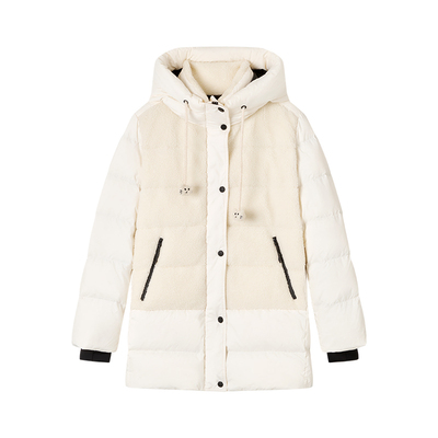 有兰拼接中长款连帽羽绒服