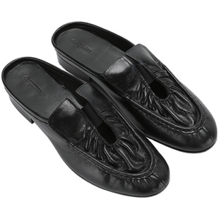 【deepmoss】潮流复古优雅女装时尚百搭褶皱镂空露跟羊皮乐福拖鞋