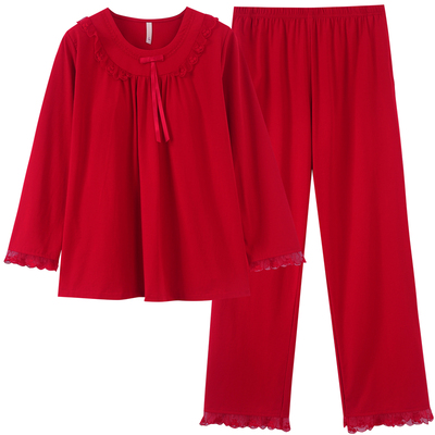 100%纯棉睡衣女款春秋长袖带胸垫