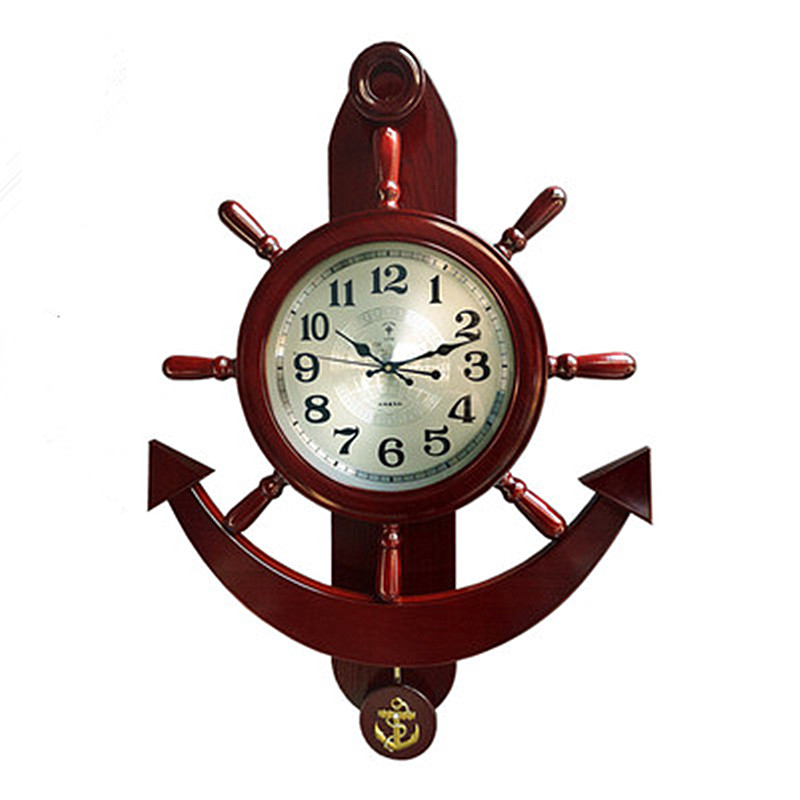 地中海船舵钟表挂钟客厅现代静音北欧时钟石英钟实木报时舵手挂钟