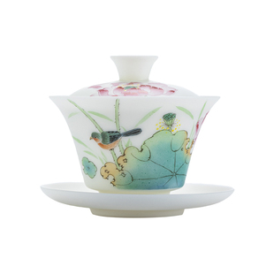 钰铨龙门 精工手绘纤尘不染 德化白瓷羊脂玉瓷素烧马蹄盖碗泡茶碗