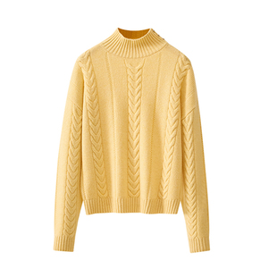 春竹秋冬新款100%绵羊毛半高领宽松绞花长袖百搭女士针织羊毛衫