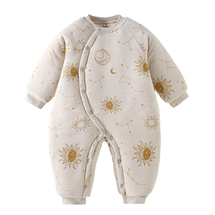 男女通用280g夹棉保暖连体衣婴儿夹棉长袖星星月亮斜襟单排扣爬服