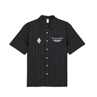 OOTC 美式休闲复古街头竖条纹背面大印花飞马短袖衬衫男夏季新款