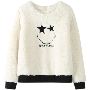 加绒女童秋冬厚外套学生中大童白色羊羔绒卫衣圆领套头衫外贸童装