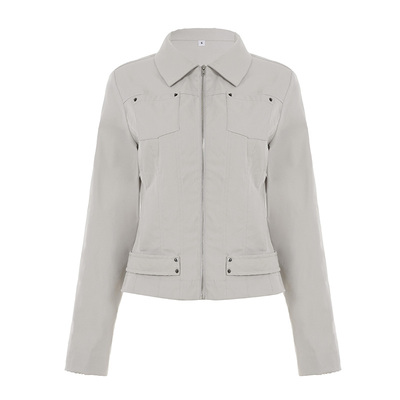 WEEKEEP 纯色街头工装风翻领拉链长袖夹克外套百搭修身收腰上衣