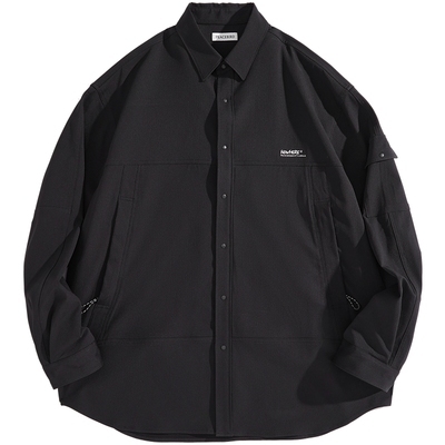 【断码钜惠】太平鸟男装 黑色衬衣男春季刺绣衬衫潮B2CHE1345