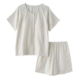 彩虹条纹爱心带胸垫睡衣女夏季纯棉纱布薄款短袖短裤家居服套装