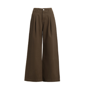 美式复古阔腿牛仔裤女棕咖色高腰褶皱设计长裤宽松垂感直筒拖地裤