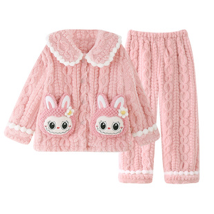 女童法兰绒睡衣可爱拉布布冬天保暖小女孩高端毛绒家居服开衫娃领