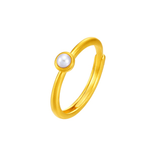 明牌珠宝独白古法黄金戒指 足金珍珠镶嵌活口女戒简约指环AFM0417