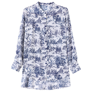 重磅真丝绸衬衫女2025夏新款中长短袖前短后长印花小衫桑蚕丝上衣