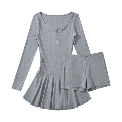 收腰褶皱裙摆连衣裙高腰短裤套装