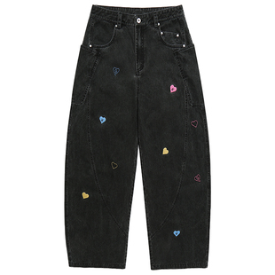 GUUKA潮牌黑色美式撞钉弯刀裤男 爱心刺绣裤子不规则分割长裤宽松