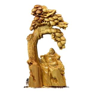 崖柏木雕树下大肚弥勒笑佛家居家用摆件送礼新中式装饰实木质供奉