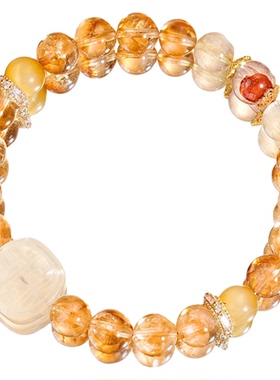 与卿珠宝【超强富九洲】扎基拉姆金发晶手串金虎眼红胶花配饰手链