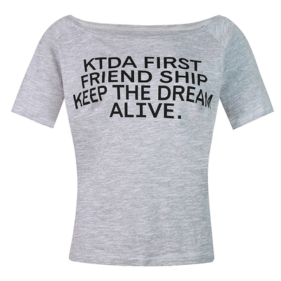 KTDA美式辣妹露肩设计字母印花短袖T恤女夏宽松休闲显瘦斜肩上衣