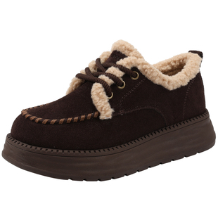 红粉知己毛毛鞋女2025春季新款复古咖色系带厚底时尚百搭保暖鞋子