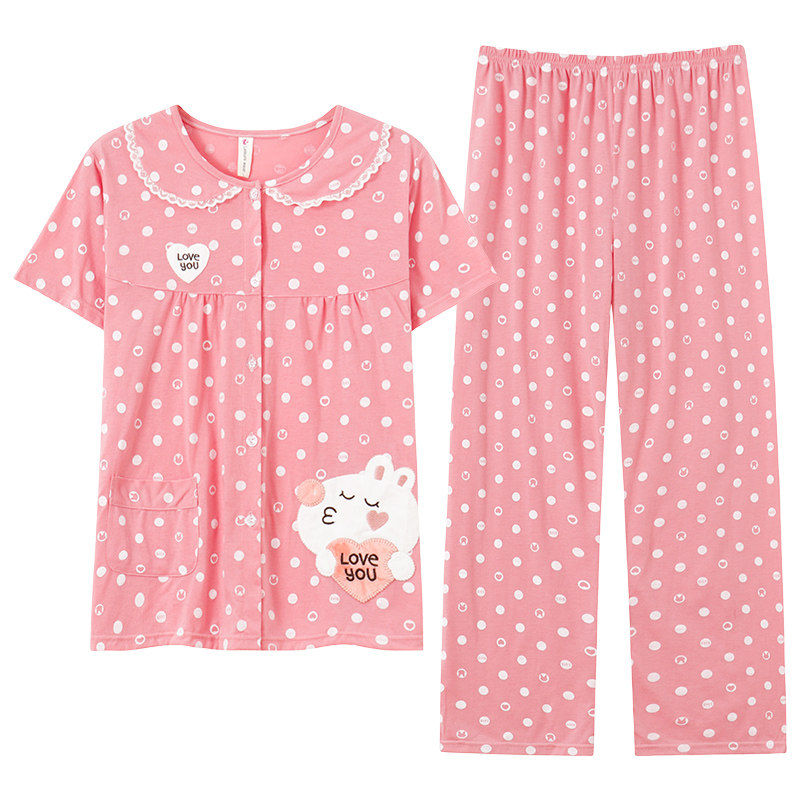 仙儿狄睡衣女士夏季短袖长裤中年妈妈纯棉薄款大码开衫家居服套装