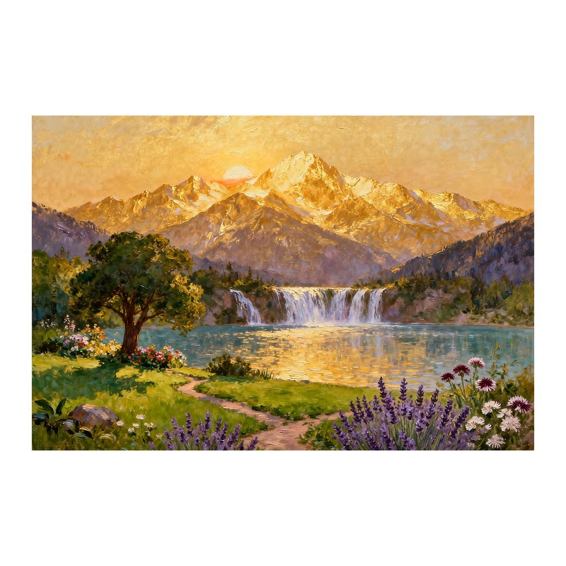 可班艺术手绘油画日照金山聚宝盆