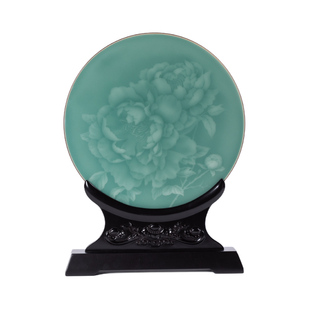 龙泉青瓷牡丹花玉璧装饰盘陶瓷摆件客厅书房工艺品高端挂盘送礼品