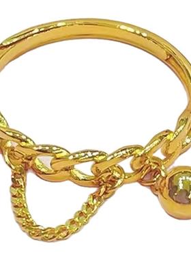 ins风时尚链条黄金指环999金色戒指女 24K镀金尾戒可调节活口手饰