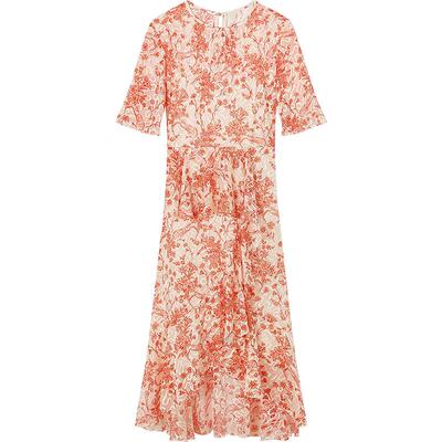 LK BENNETT红色高级印花真丝连衣裙女夏新款短袖不规则仙女裙