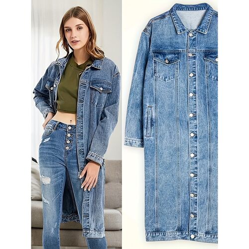 P 34991 Long Washed Retro Denim Jacket 复古牛仔外套