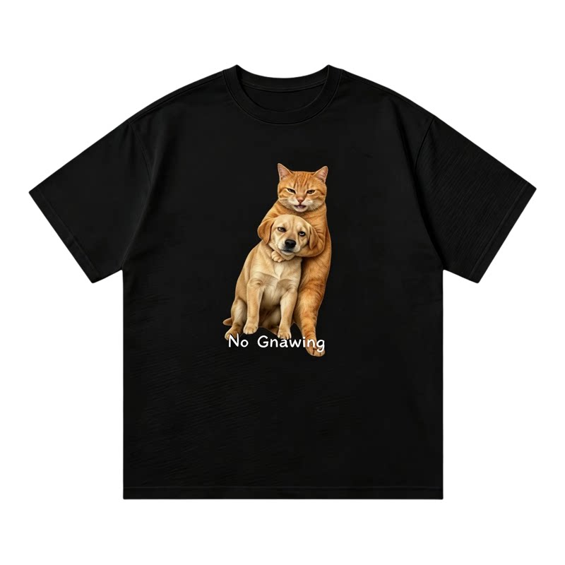 美式创意猫咪搂狗狗图案T恤网红个性潮牌圆领上衣情侣休闲定制t恤