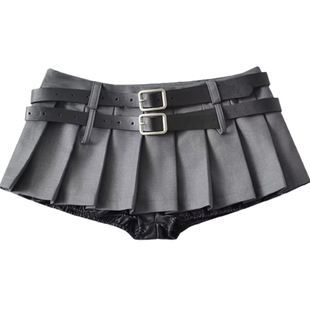 棉洋美式性感低腰超短迷你裙双腰带宽胯辣妹jk百褶裙松紧防走光款