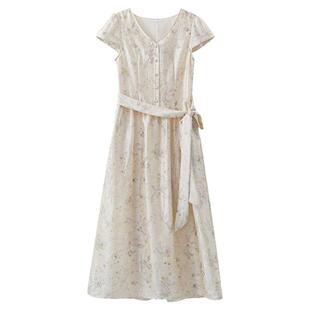 【夏末】夏季韩系气质裙子收腰长款v领泡泡袖系带碎花连衣裙