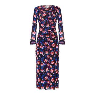 [弹力网纱]DVF彩色浮动花朵圆领弹力网纱长袖连衣裙DL3T006