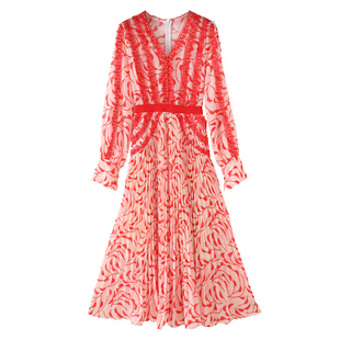 长裙显瘦裙子春季2026新款女装粉色中长款长袖V领碎花雪纺连衣裙