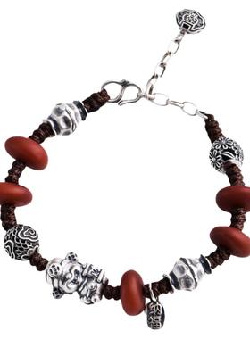 复古做旧民族风老蜜蜡女纯银手链