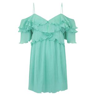 一字肩上衣仙气锁骨连衣裙小个子百褶荷叶边飞飞袖吊带裙短款外穿