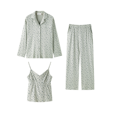 纯棉睡衣女吊带三件套清新春秋季