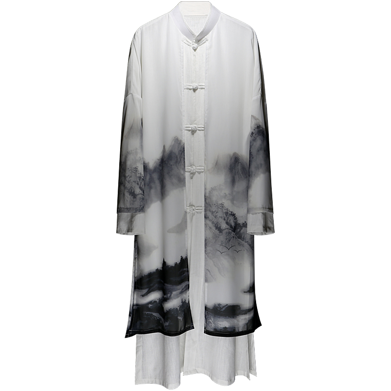 汉服男装古风长衫舞蹈仙气飘逸长袍古装演出服国风假两件外套棉麻