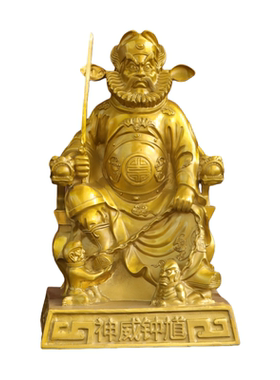 纯黄铜神威钟馗天师铜像坐像摆件