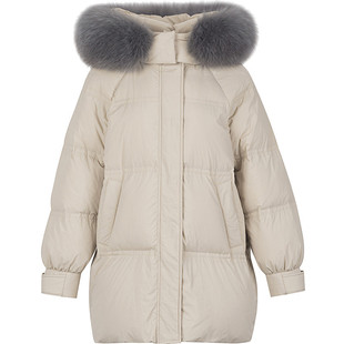 衣香丽影狐狸毛领白鹅绒羽绒服女中长款2025冬装新款灰色蓬松外套