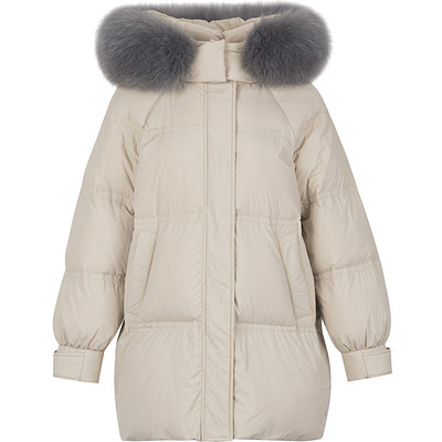 衣香丽影狐狸毛领白鹅绒羽绒服女中长款2025冬装新款灰色蓬松外套