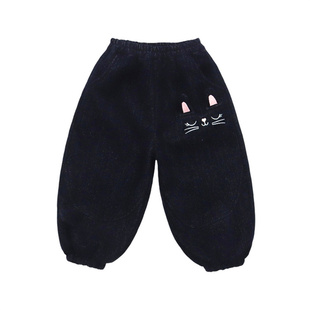 女童冬季新款洋气宝宝收口灯笼裤加厚裤子加绒牛仔裤刺绣小猫长裤