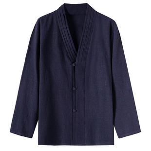 原创亚麻男士叠领汉服复古中国风道服外套宽松大码禅茶居士修行服