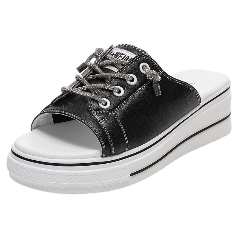 凉拖鞋女夏外穿2025新款夏季真皮坡跟松糕厚底休闲半拖鞋女一字拖